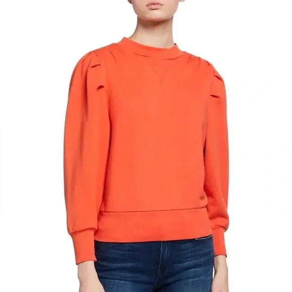 Frame Denim Shirred Sweatshirt Size XS Sunkist Orange Puff-Sleeve Chic Casual - Picture 2 of 8